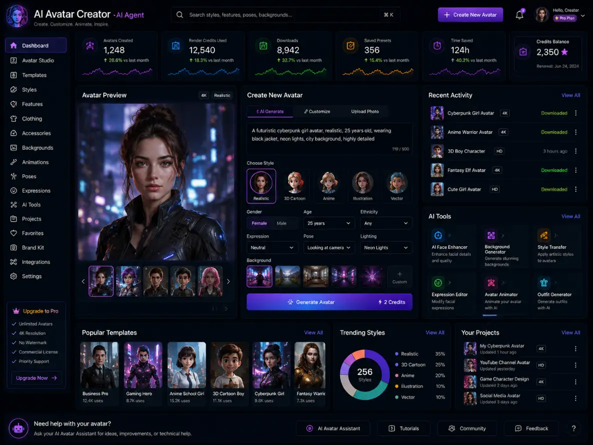 aiavatarcreator.app AI avatar creator app — dashboard preview